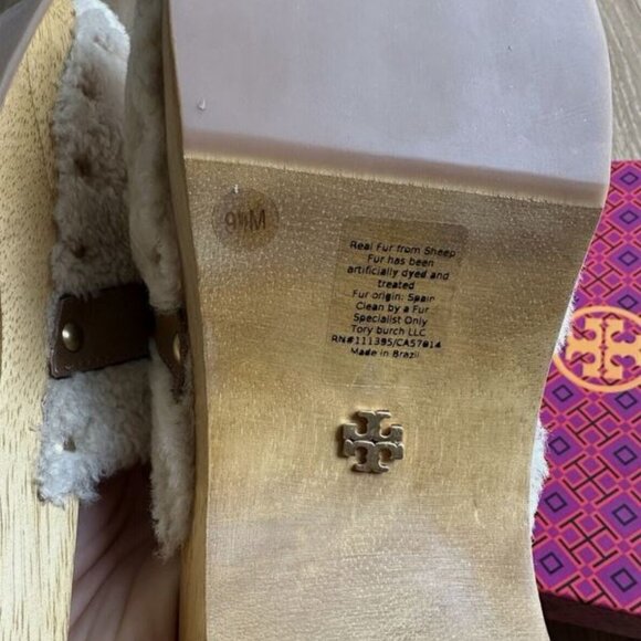 Brand New Tory Burch sz 9.5 Jessa Shearling Clogs buttermilk/royal tan 84927 - Picture 3 of 9
